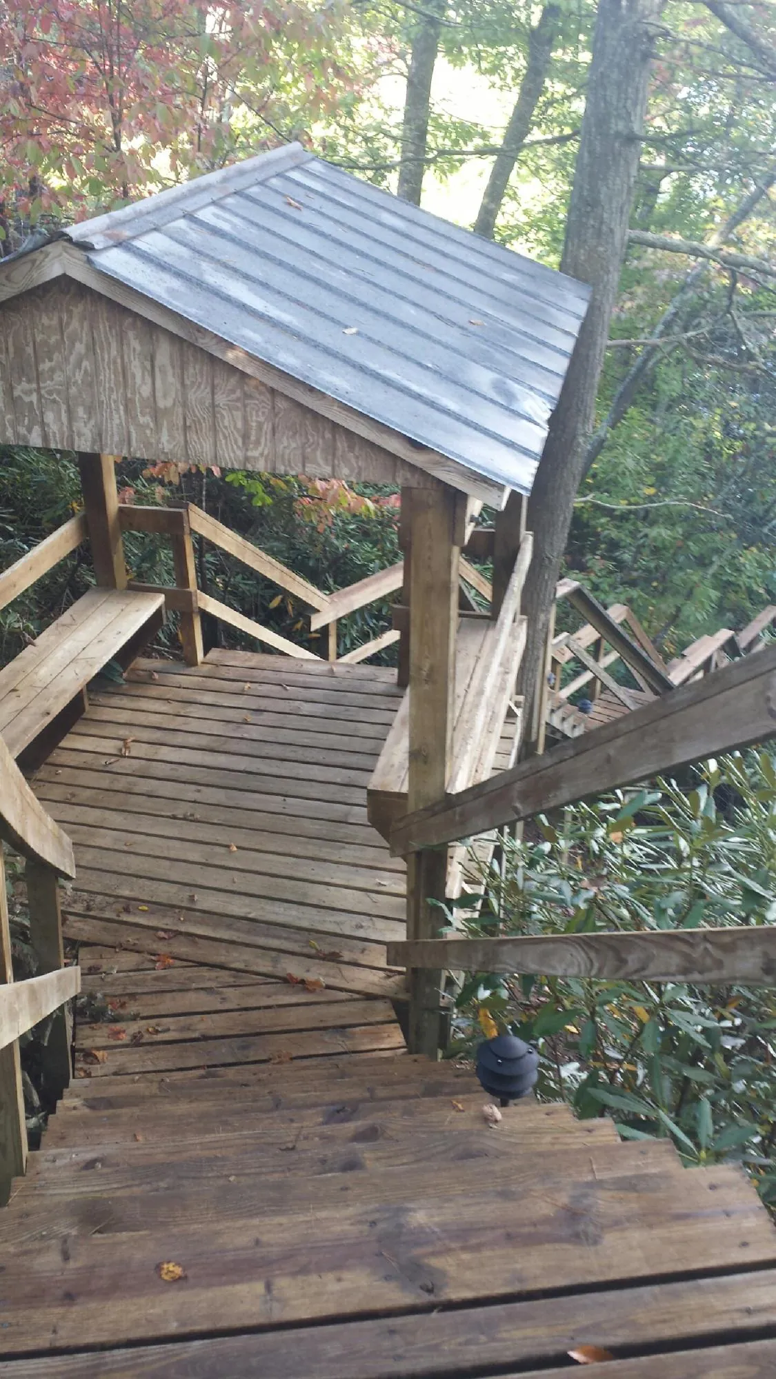 Metal roofed shelter over wooden steps on a wooded walkway — Skylight Repair & Installation work by our crew in Ebony